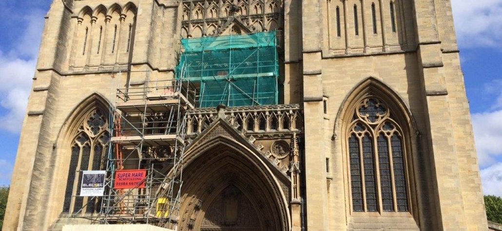 Scaffolding on a church in Somerset for chimney access and repairs