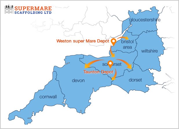 Map showing Supermare Scaffolding coverage area across Somerset